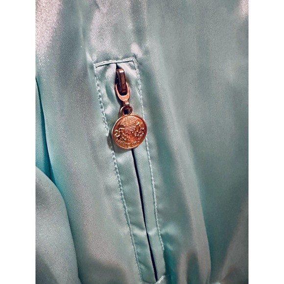 Vtg 1990 IVANA (Trump) Satin Parka Jacket Aqua Gold Crest Buttons Hooded L /XL - Picture 2 of 5